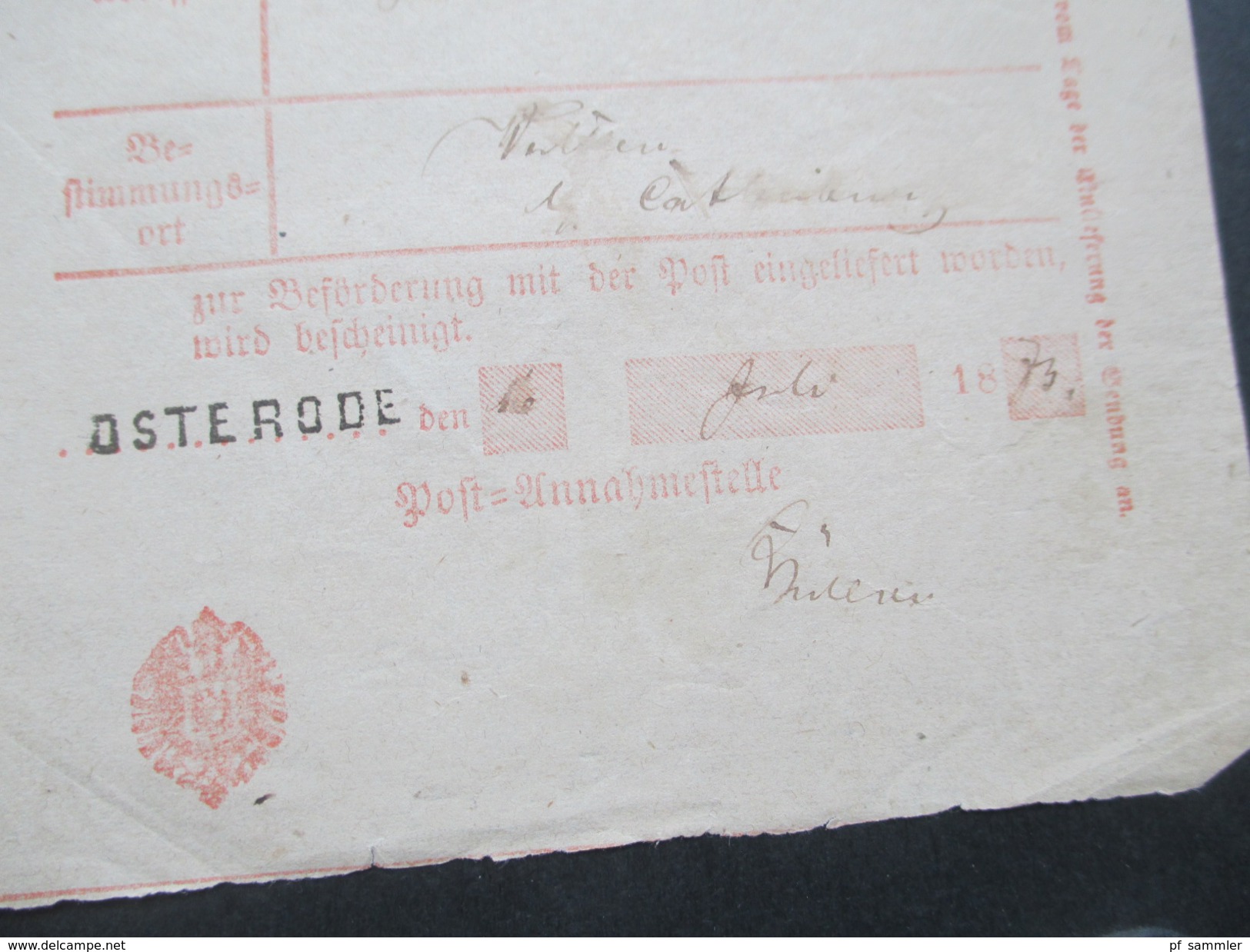 Altdeutschland / Deutsches Reich 1869 und 1873 Post Einlieferungsschein 2 Stück. Osterode (Harz)