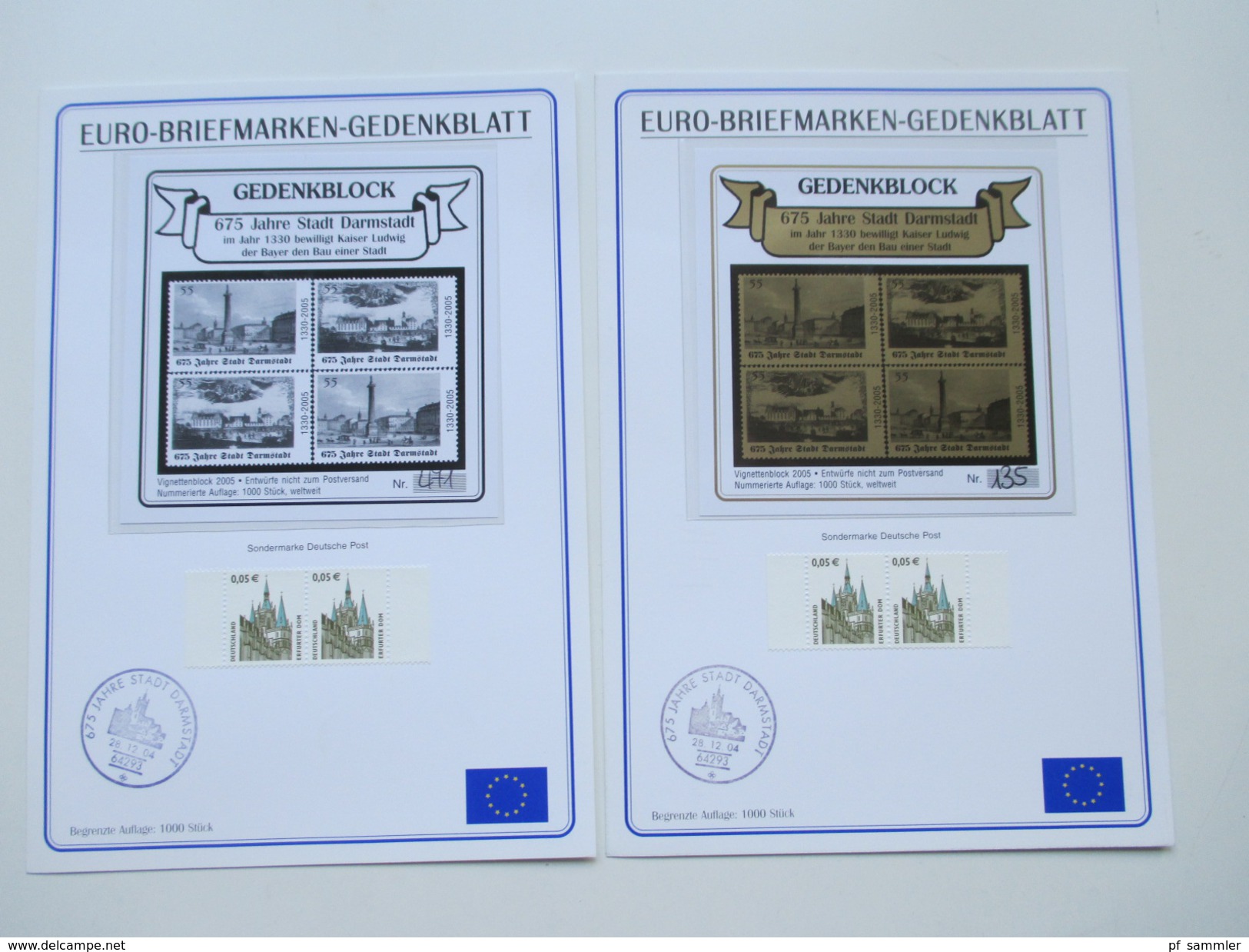 BRD 2004/05 Euro Briefmarken Gedenkblatt 2 Stück Auflage 1000 Stück. Gedenkblock 675 Jahre Darmstadt - Briefe U. Dokumente