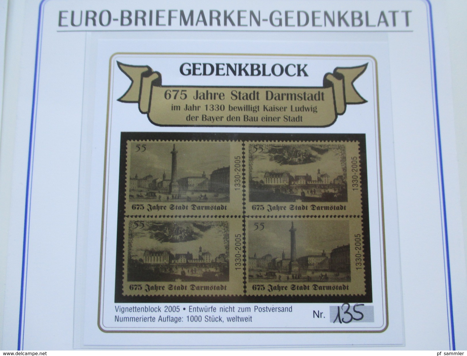 BRD 2004/05 Euro Briefmarken Gedenkblatt 2 Stück Auflage 1000 Stück. Gedenkblock 675 Jahre Darmstadt - Storia Postale