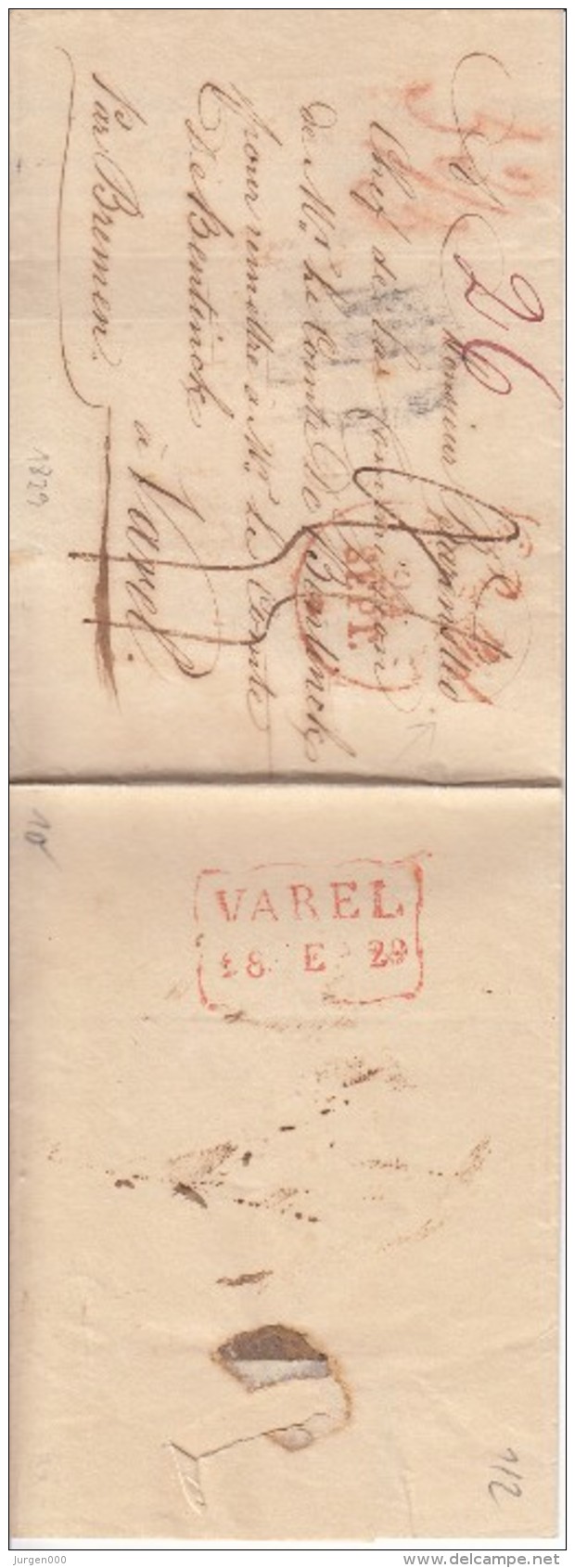 Voorloper, 1829, Van Brussel Naar Varel (Oldenburg), Met Rode Stempel 'Na Posttijd' (07762) - 1815-1830 (Période Hollandaise)