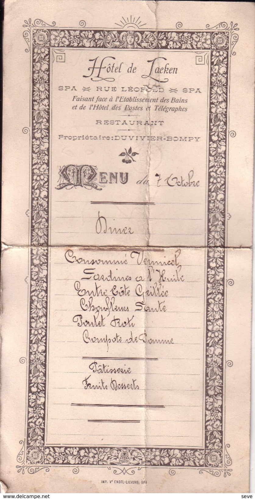 SPA MENU Repas Hôtel De LAEKEN, Rue Léopold, Faisant Partie De L'établissement Des Bains Octobre 1897 En Principe - Menus