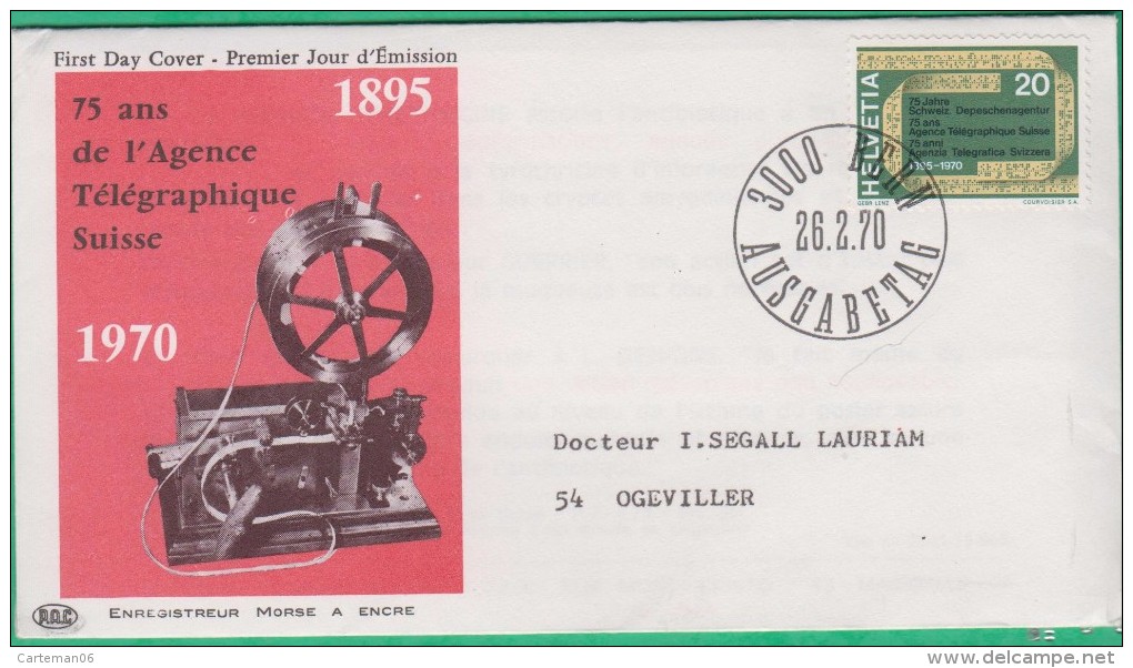 FDC Suisse -  Premier Jour - 1970 - 75 Ans De L'Agence Télégraphique Suisse - Enregistreur Morse à Encre - N°850 - FDC