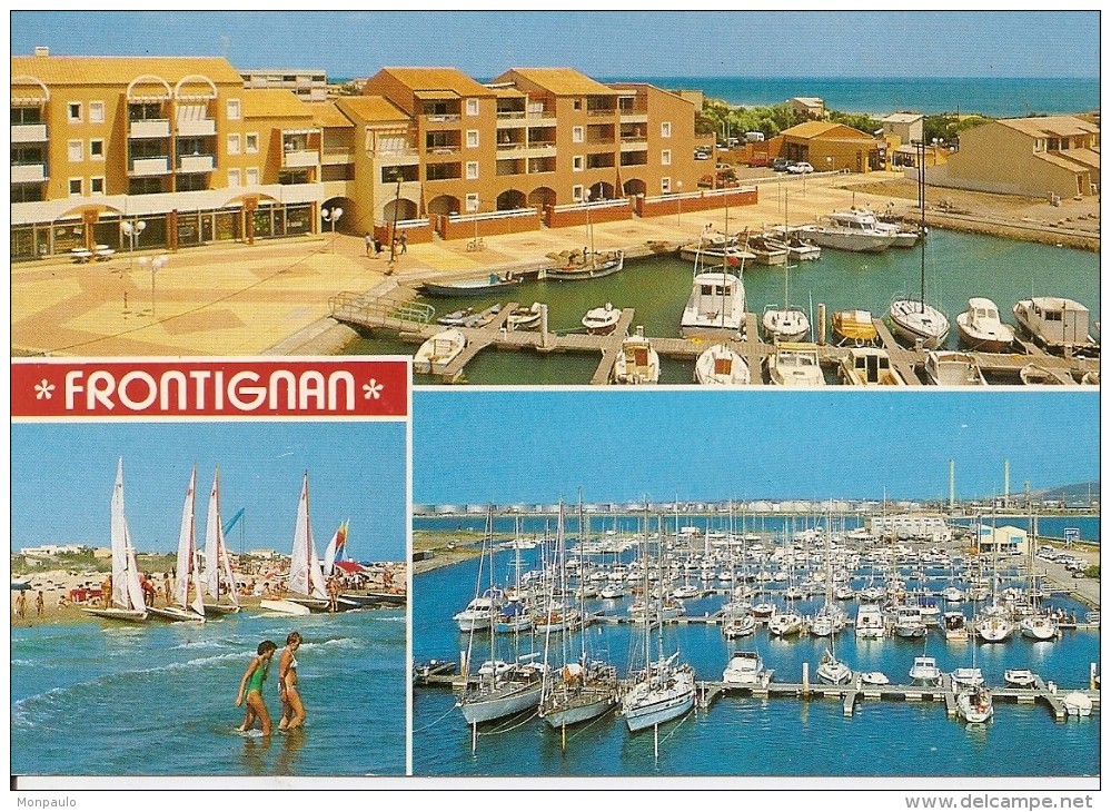 34. CPM. Hérault. Frontignan Plage. Le Nouveau Port Et La Plage (3 Vues) (animée, Bateaux, Voiliers) - Frontignan