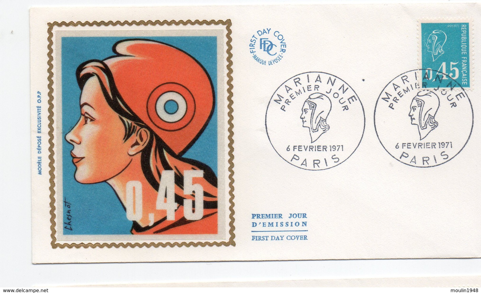 FDC France Marianne  BEQUET  0,45 BLEU  YT  1663    75 Paris  6/2/1971 - 1980-1989