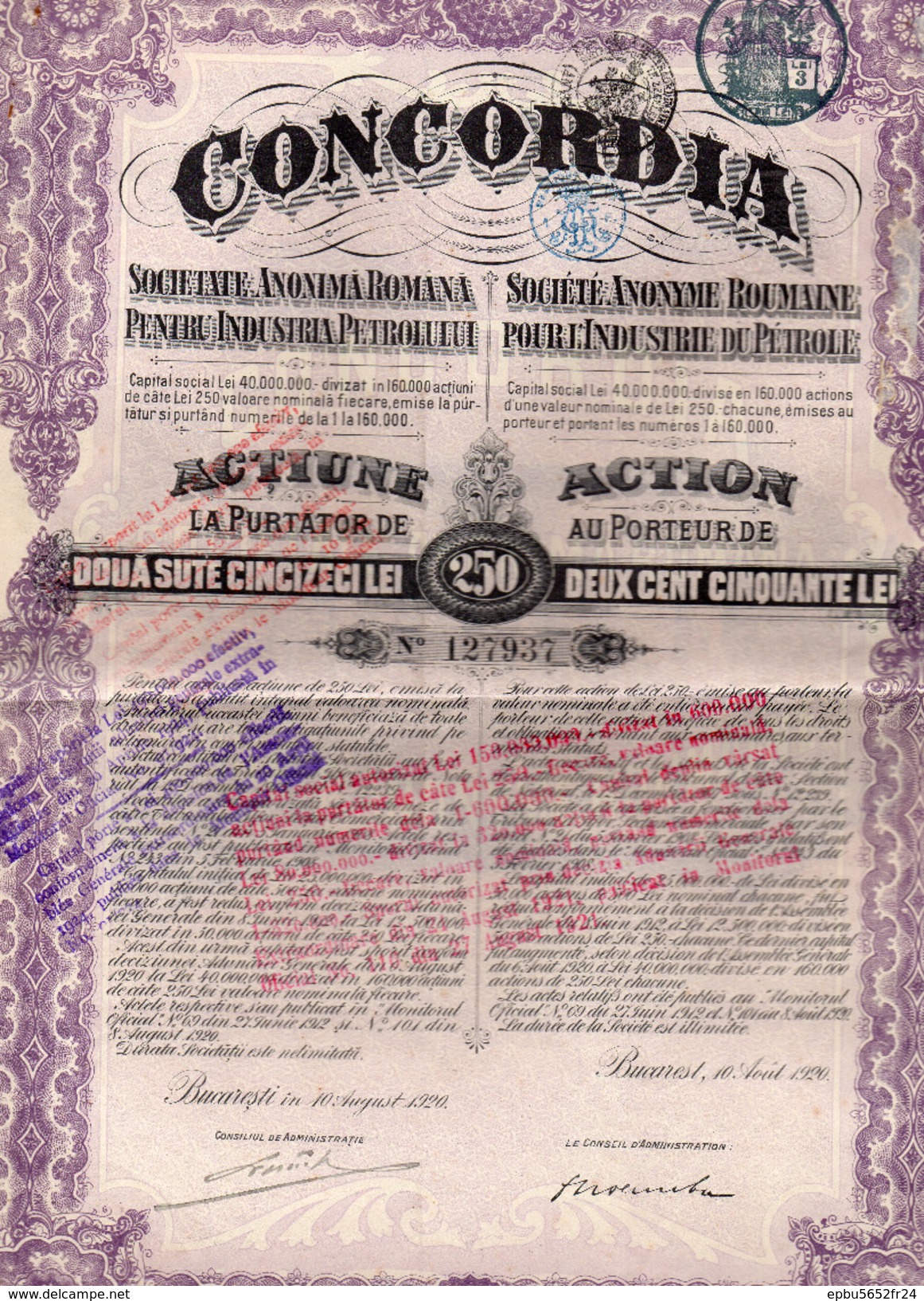 4 Actions De 250 LEI  CONCORDIA Sté Anonyme Roumaine Pour L'Industrie Du Pétrole 1920,1921,1923,1924- 2 Coupons Chacunes - Pétrole