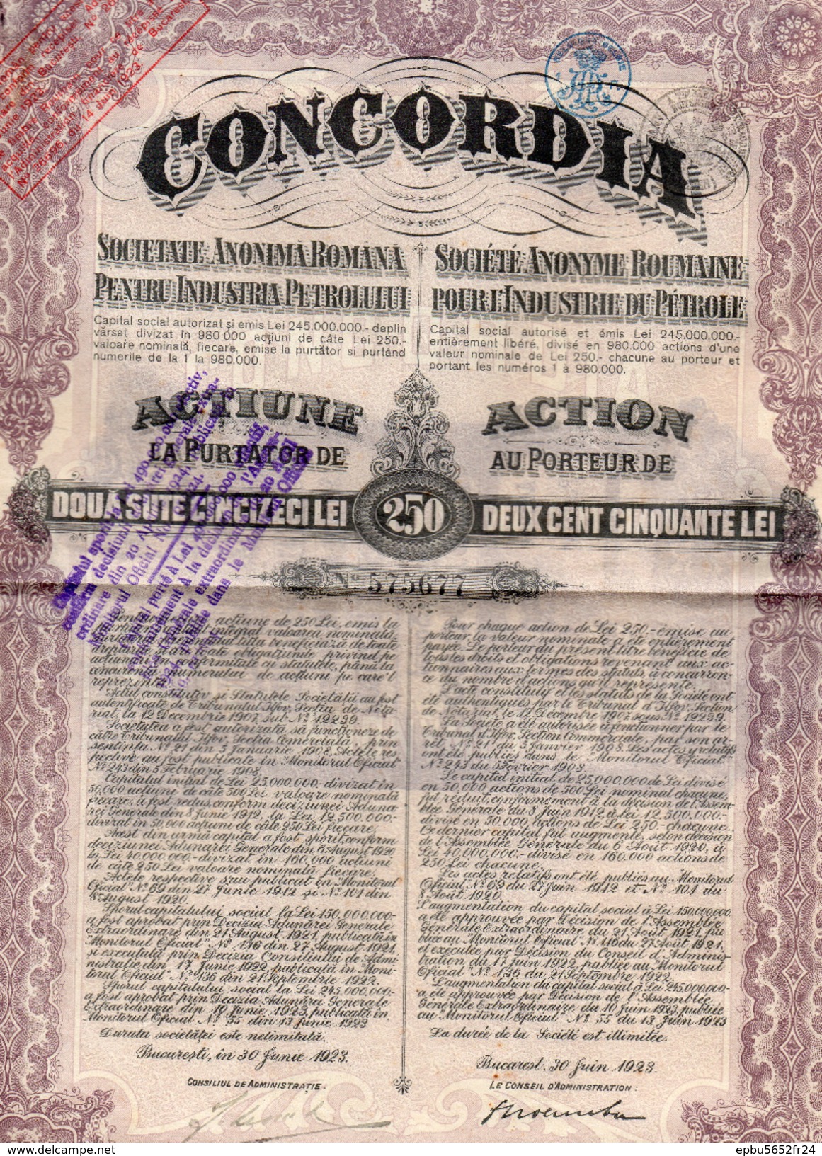 4 Actions De 250 LEI  CONCORDIA Sté Anonyme Roumaine Pour L'Industrie Du Pétrole 1920,1921,1923,1924- 2 Coupons Chacunes - Pétrole