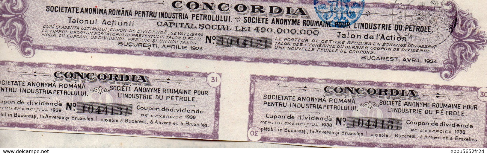 4 Actions De 250 LEI  CONCORDIA Sté Anonyme Roumaine Pour L'Industrie Du Pétrole 1920,1921,1923,1924- 2 Coupons Chacunes - Aardolie