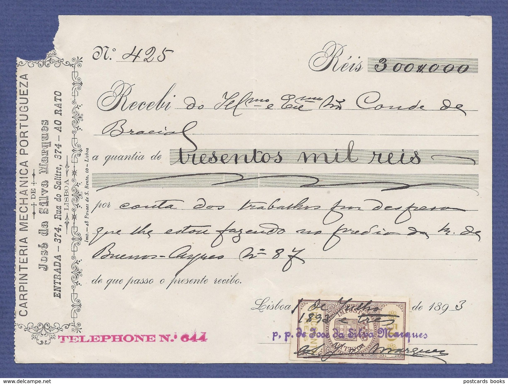 1893 Recibo Timbrado CARPINTARIA Rua Do Salitre Ao RATO (Lisboa) + SELO FISCAL 50 REIS - Portugal - Portogallo