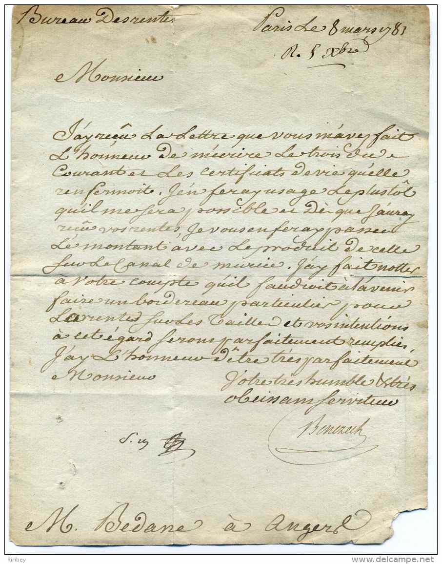 Révolution Française / Autographe Pierre BENEZECH Sur Lettre De Paris Bureau Des Rentes Le 8 Mars 1781 - 1701-1800: Précurseurs XVIII