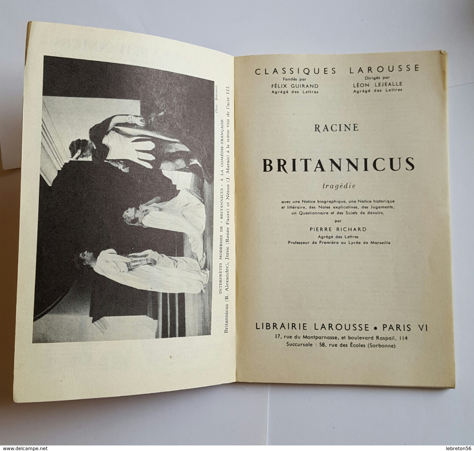 Livre De RACINE BRITANNICUS Tragédie Classiques Larousse 1933  Voir Les  Photos - Franse Schrijvers