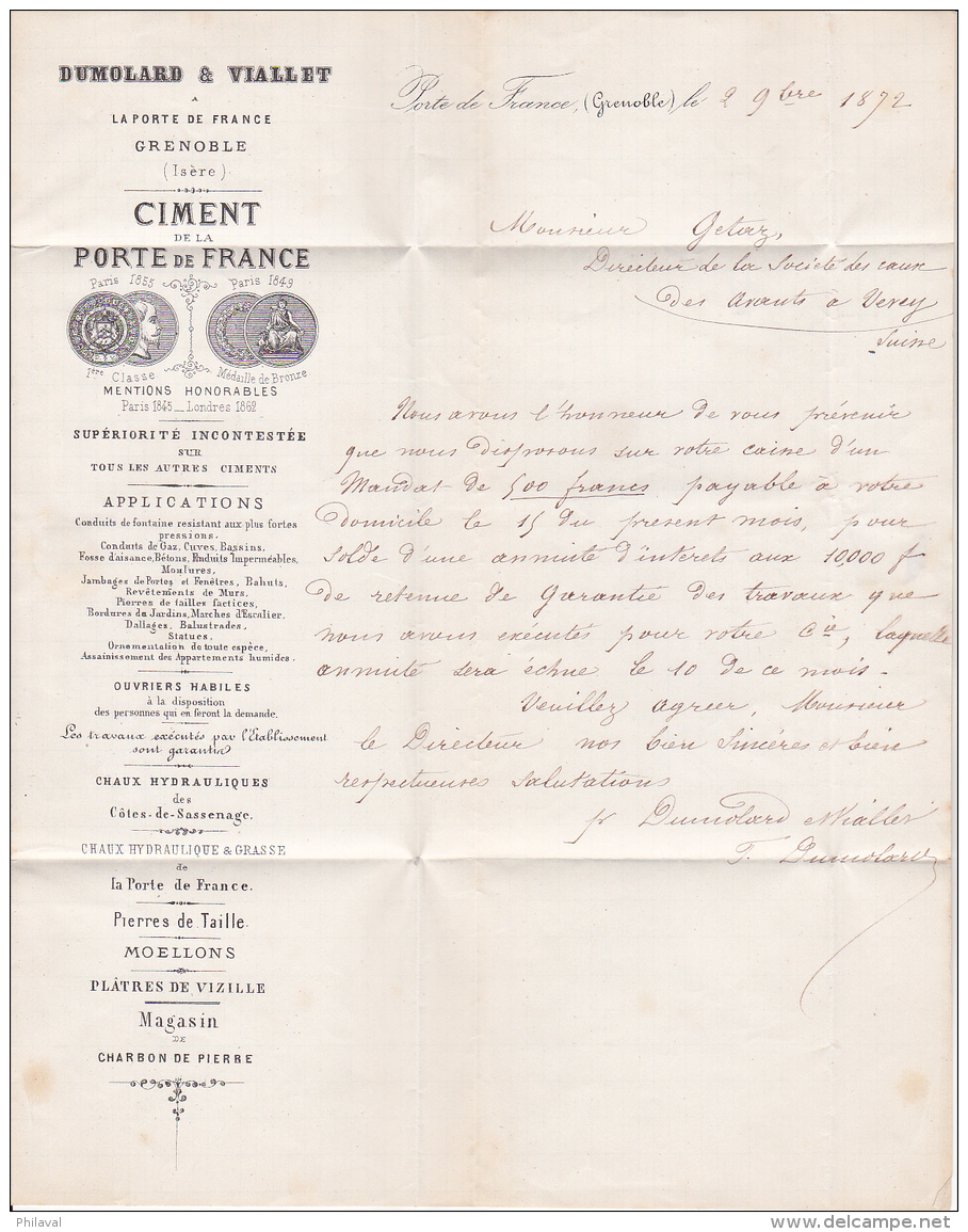 Lettre 13,5 X 9 Cms.- PD, à Destination Du Directeur De La Société Des Eaux Des Avants-Obllitérée GRENOBLE Le 2 Nov.1872 - ...-1845 Préphilatélie