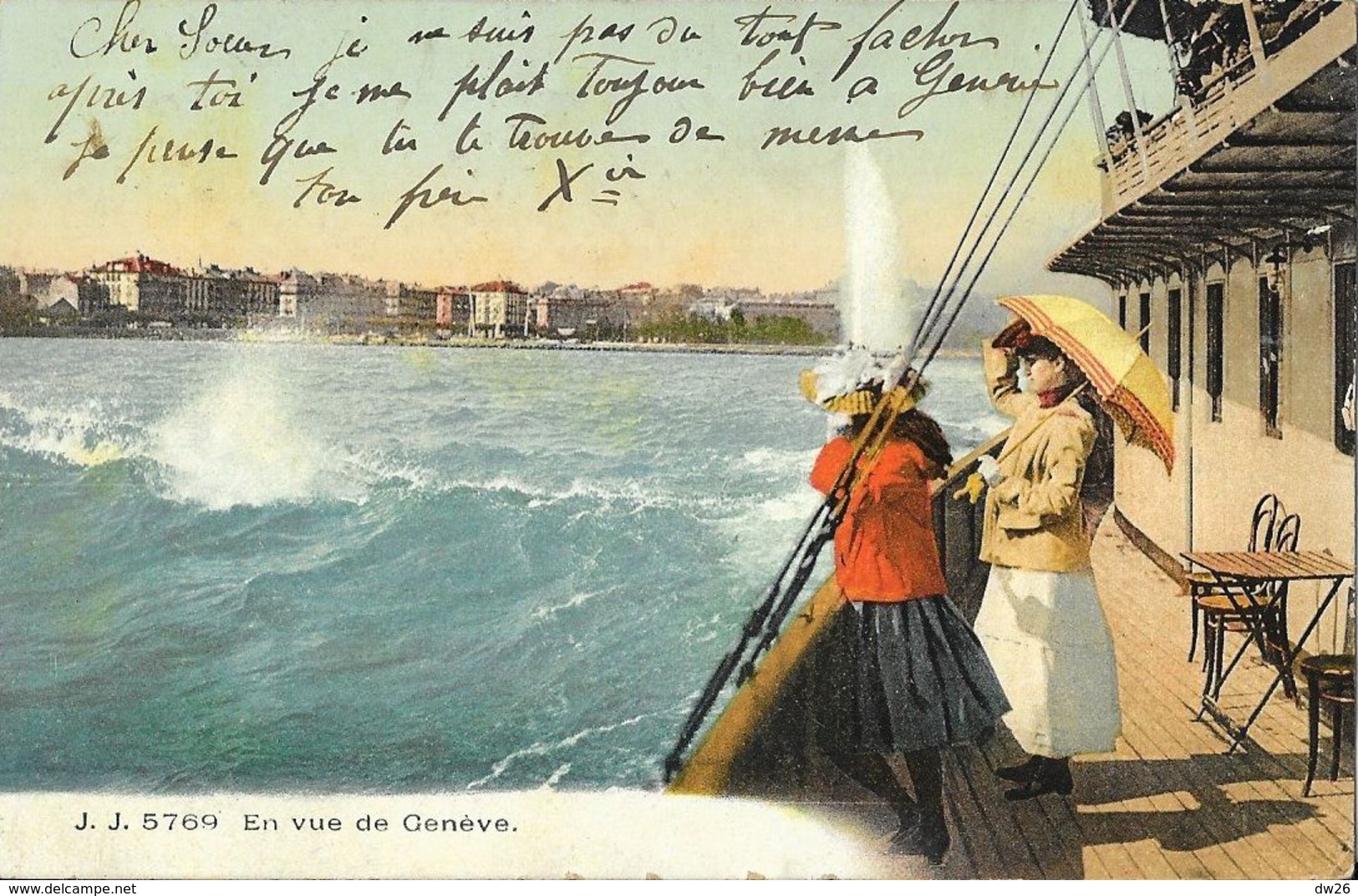 En Vue De Genève - Femmes Au Bastingage D'un Bateau à Aubes, Jet D'eau - Edition Jullien Frères - Genève