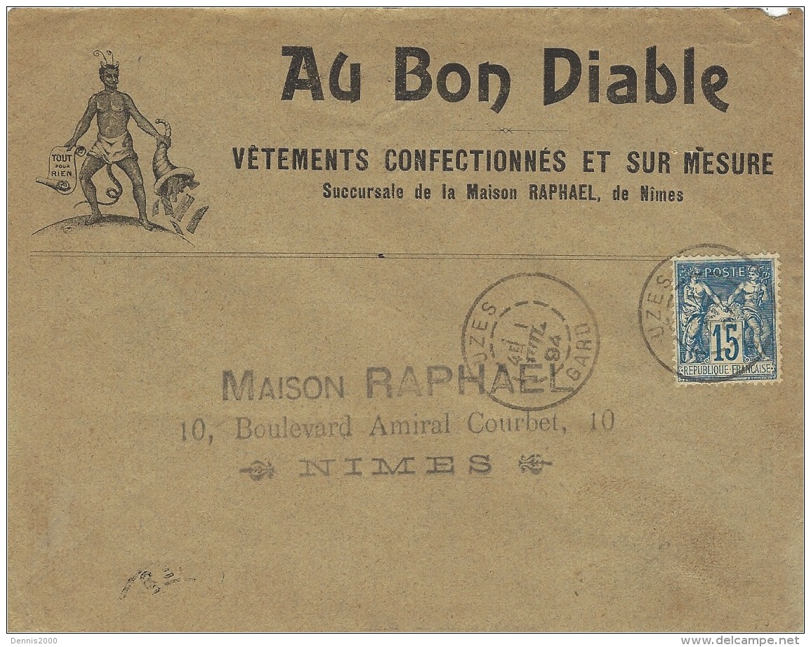 1894 - Enveloppe ILLUSTREE  " AU BON DIABLE "  Affr. 15 C Sage Oblit.  UZES / GARD - 1877-1920: Période Semi Moderne