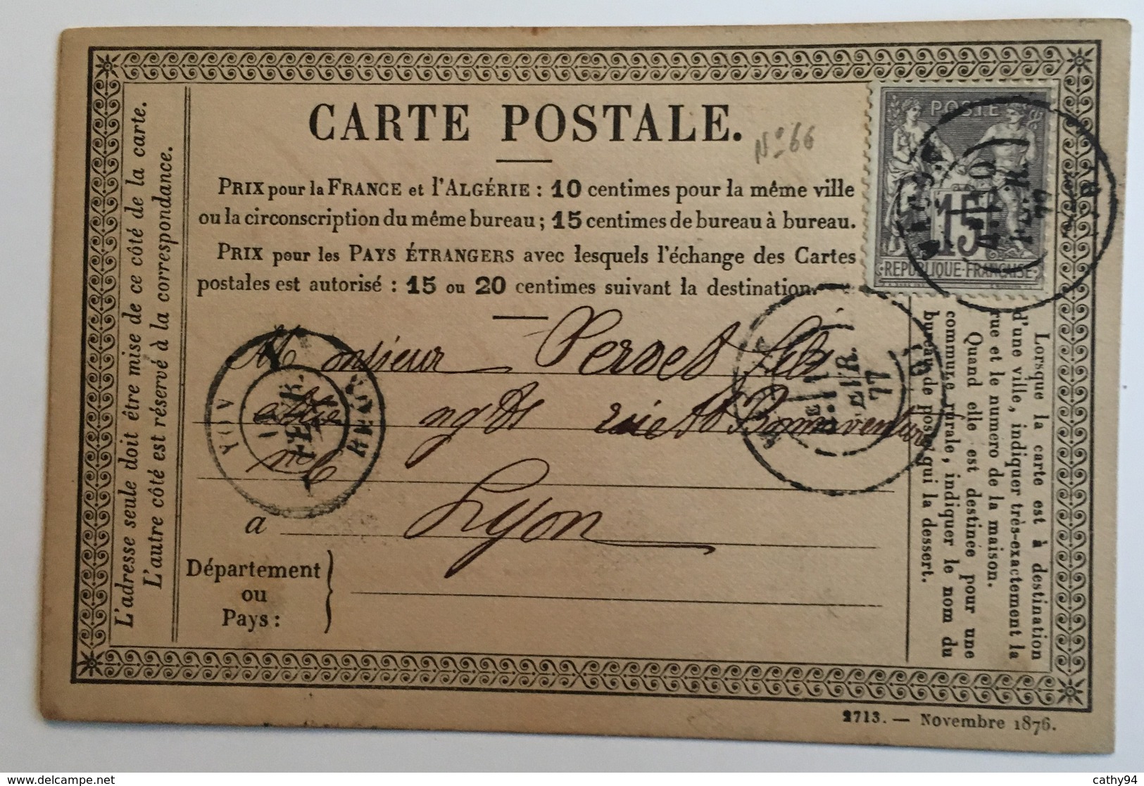 FRANCE - CARTE PRECURSEUR DE MÂCON POUR LYON  Affranchissement Type Sage De Février 1877 - Precursor Cards