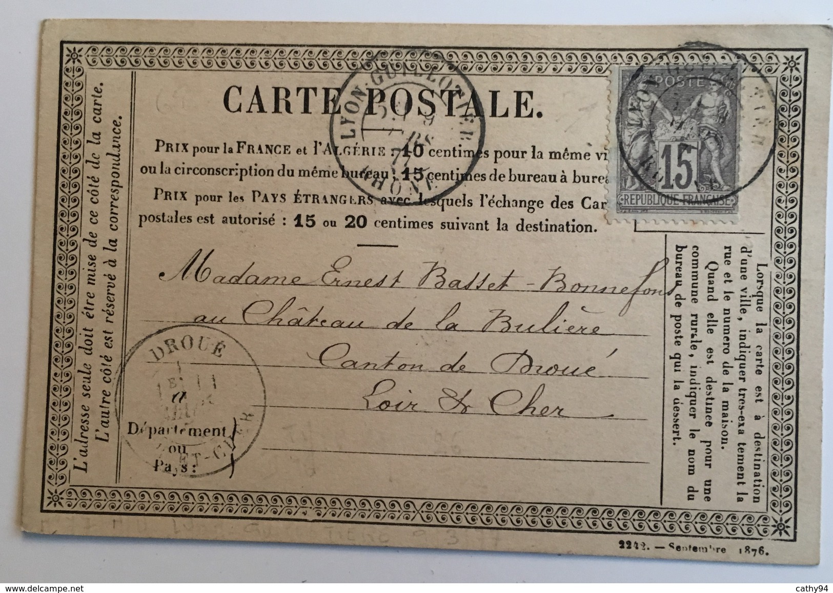 CARTE PRÉCURSEUR DE LYON POUR DROUE Affranchissement Type Sage Mars 1877 - Precursor Cards