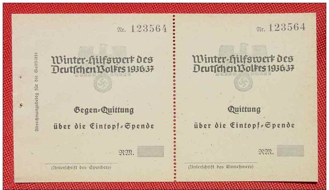 (1047740) WHW-Eintopf-Spenden-Quittung 1936-37 # Winterhilfswerk # Drittes Reich - Documenten