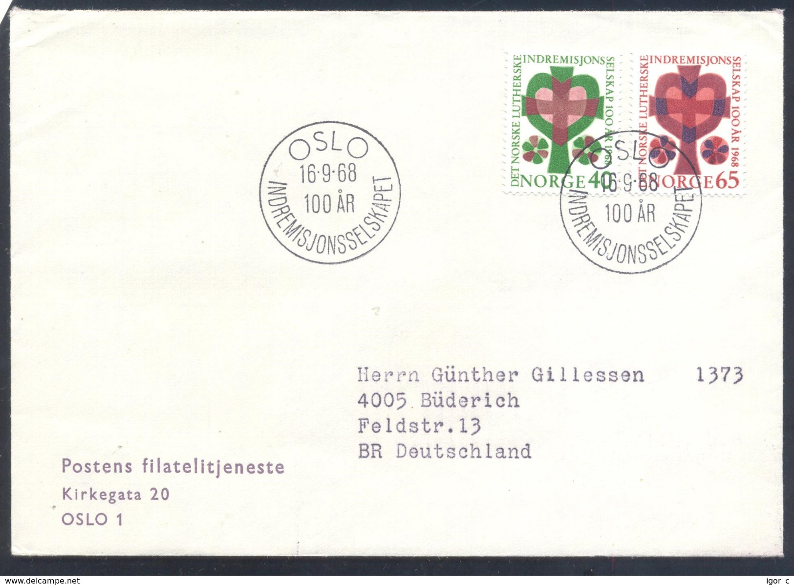 Norway 1968 Cover: Religion Luther; 100 Jahre Luterische Innere Missiongeselschaft; Lutheran Inner Mission Society - Christianisme