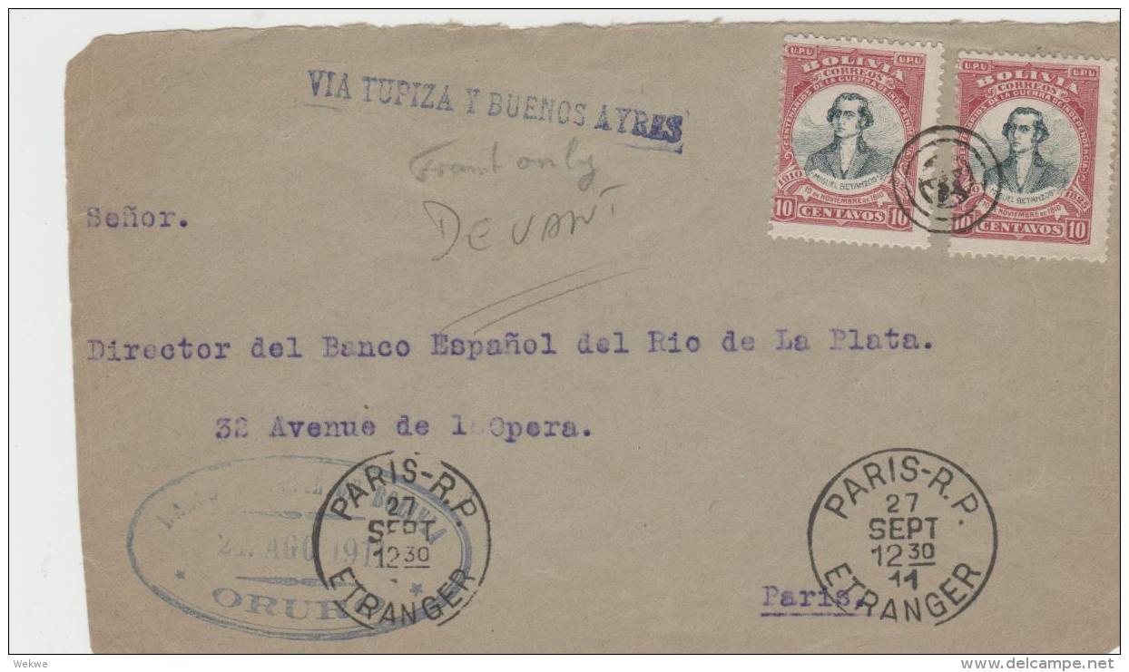 BOL095 /Bolivien -  Befreiung Von Santa Crus, Centenario 1911 Nach Paris Via Tupiza Und Buenos Aires - Bolivien