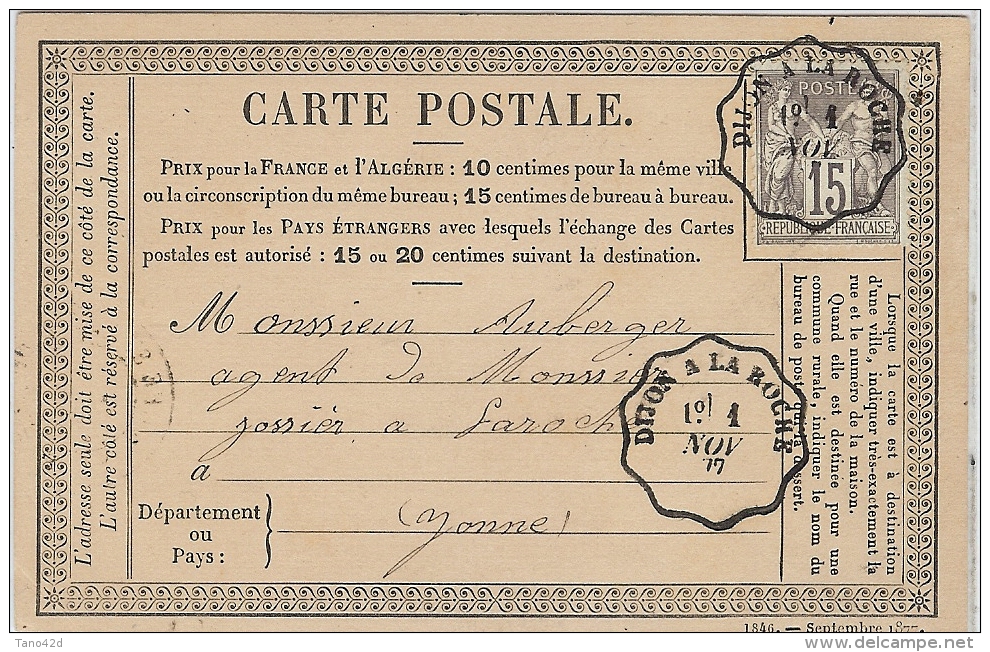 CTN45- EP CPO CIRCULEE AMBULANT DIJON A LA ROCHE 1/11/1877 - Cartes Précurseurs