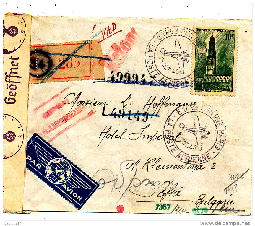 FRANCE  LETTRE RECOMMANDEE DE 1943 AVEC CENSURE EXPO PHILATELIQUE PARIS LA POSTE AERIENNE - Lettres & Documents