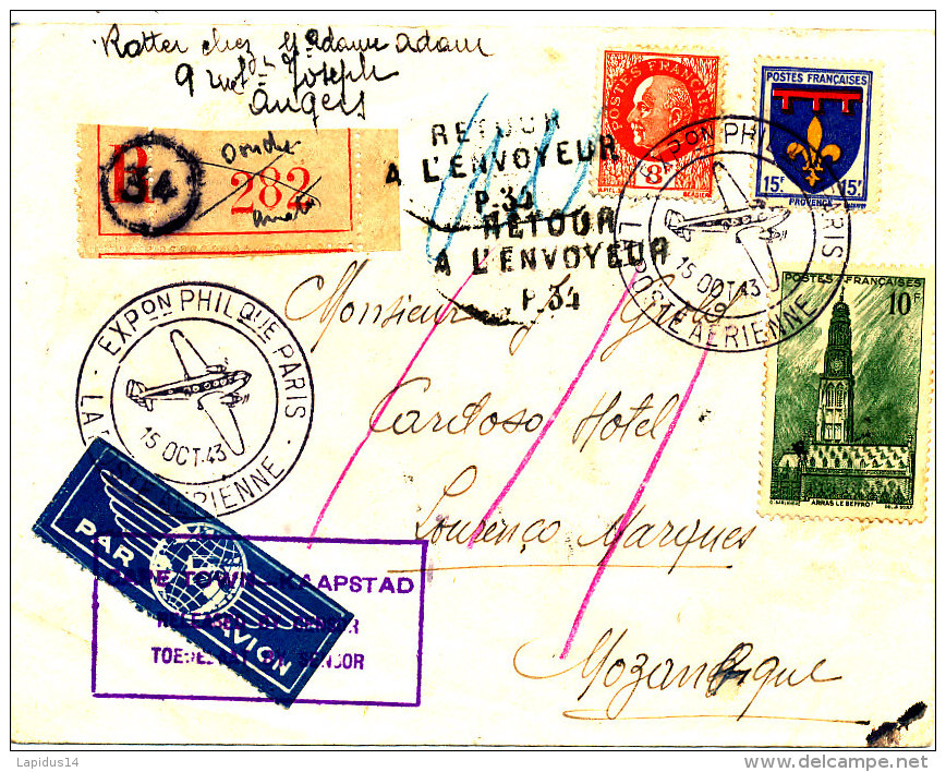 FRANCE  LETTRE RECOMMANDEE DE 1943 AVEC CENSURE EXPO PHILATELIQUE PARIS LA POSTE AERIENNE - Lettres & Documents