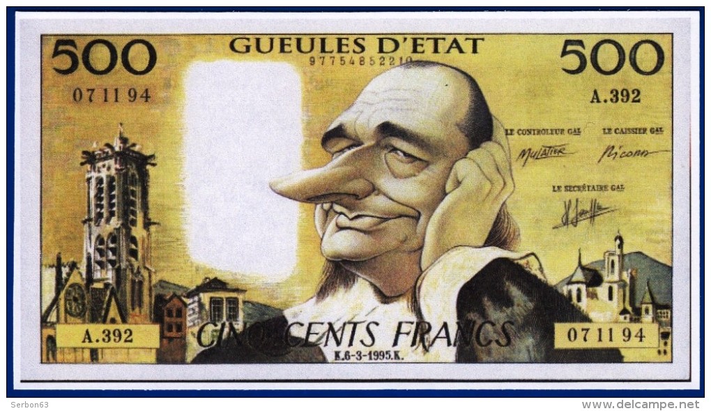 1 SPÉCIMEN VRAIE FAUSSE MONNAIE 500 FRANCS PASCAL PRESIDENT DE LA REPUBLIQUE GUEULE D'ETAT PUBLICITAIRE FICTIF ? - Specimen