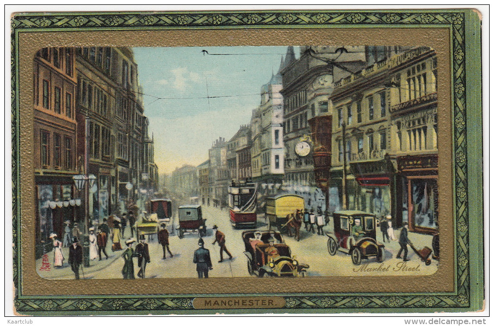 Manchester: BRASS-ERA CARS, STREETCAR, HORSES & COACHES -(Reclame-ansicht:'Gerzon's Lunchtong En Hollandsche Kalfstong') - Toerisme