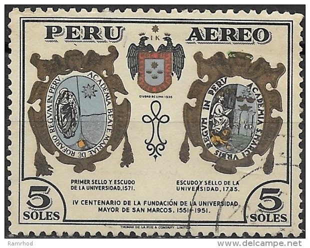 PERU 1951 Air. 4th Cent Of S. Marcos University - 5s University Arms In 1571 & 1735 FU - Perú