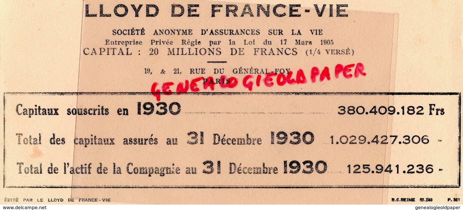 75 - PARIS - BUVARD LLOYD DE FRANCE VIE- ASSURANCES 1930- 19-21 RUE DU GENERAL FOY - Banca & Assicurazione