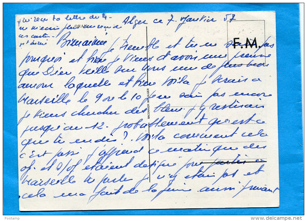 GUERRE D ALGERIE-carte F M -baconnier-vue Aérienne-ORAN --a Circulé En 1957 - Guerre D'Algérie