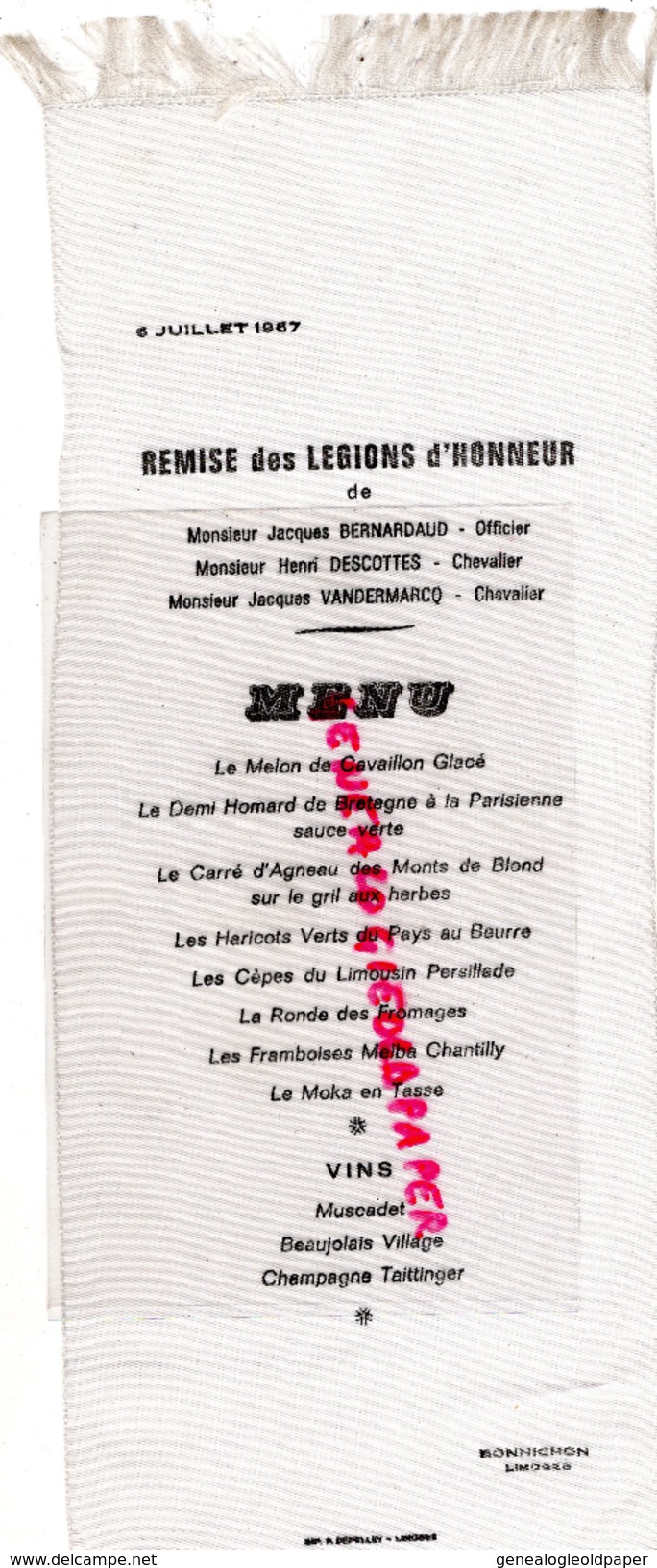 87 - LIMOGES - MENU SUR SOIE -SILK- RESTAURANT BONICHON-REMISE LEGION HONNEUR- BERNARDAUD-DESCOTTES-VANDERMARCQ - Menükarten