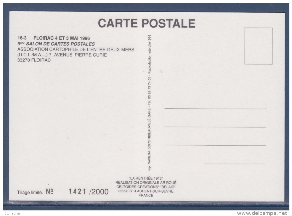 = 9ème Salon Carte Postale 1996 Par Association Cartophile De L'entre Deux Mers De Floirac, La Rentrée 1913 - Sammlerbörsen & Sammlerausstellungen