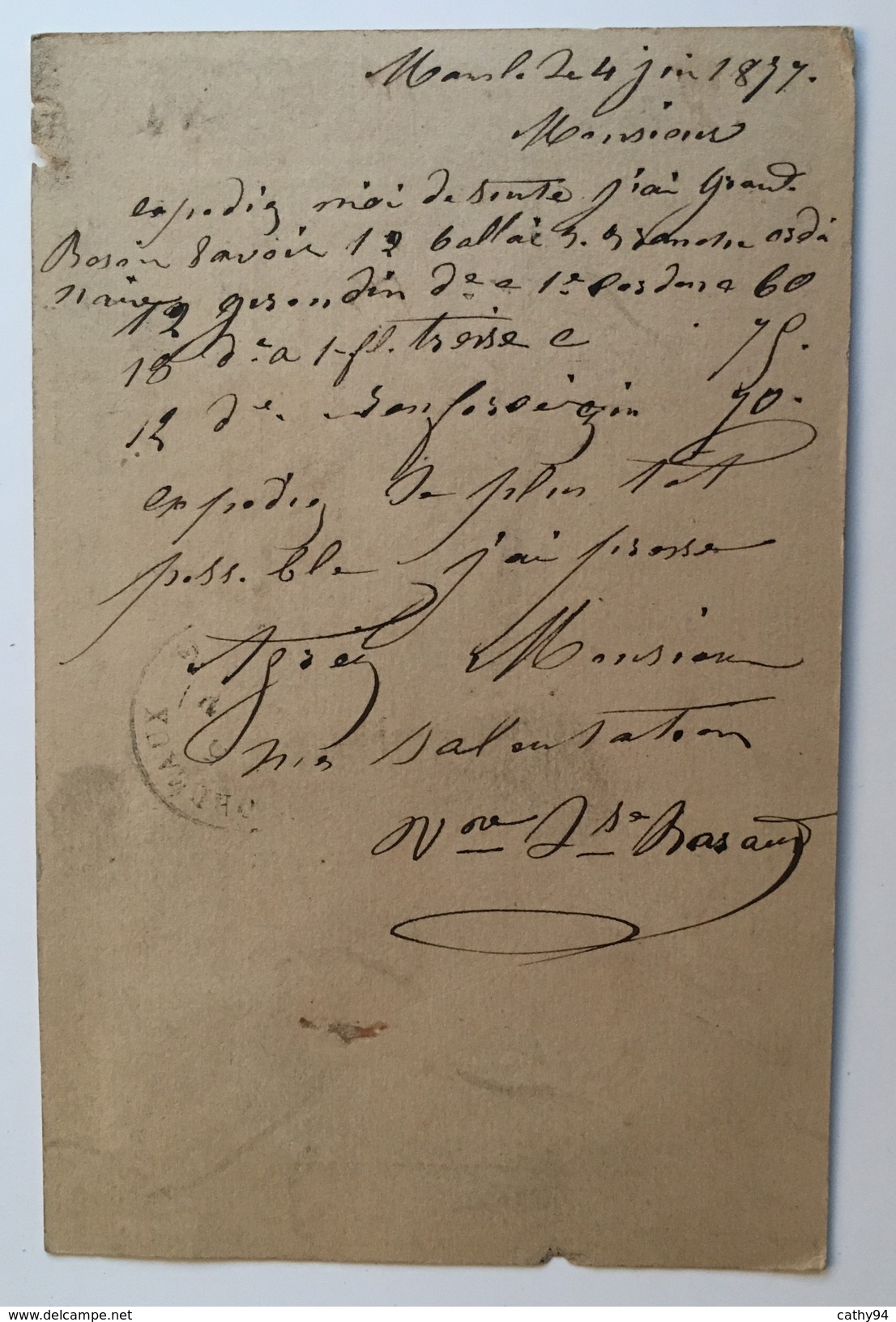 CARTE PRÉCURSEUR POUR FABRIQUE DE BALAIS A BORDEAUX Affranchissement Type Sage Juin 1877 - Precursor Cards