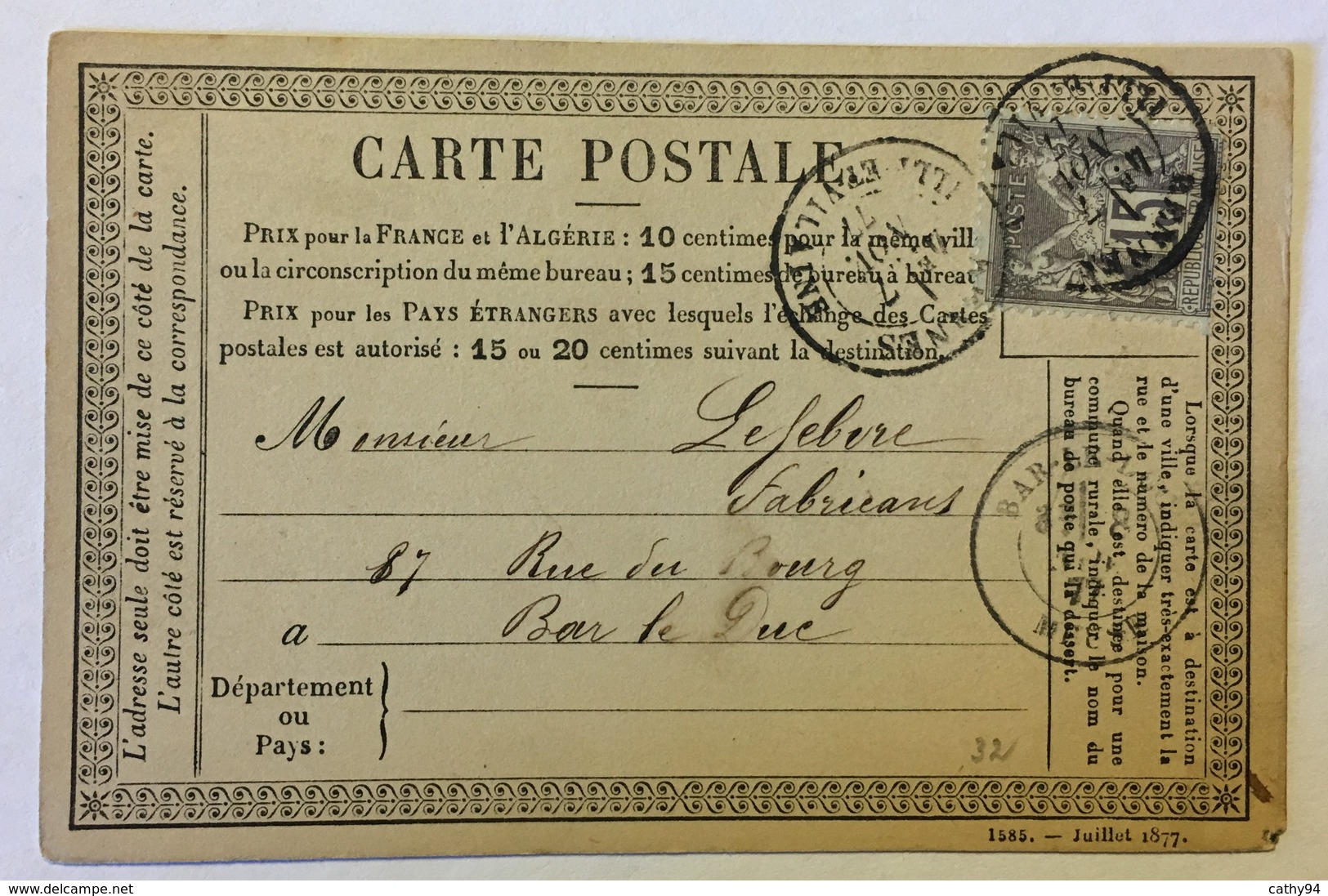 CARTE PRÉCURSEUR De RENNES Pour BAR LE DUC Avec CACHET DRAPERIE ROUENNERIE A. CORBIERRE Affranchissement Type Sage 1877 - Precursor Cards