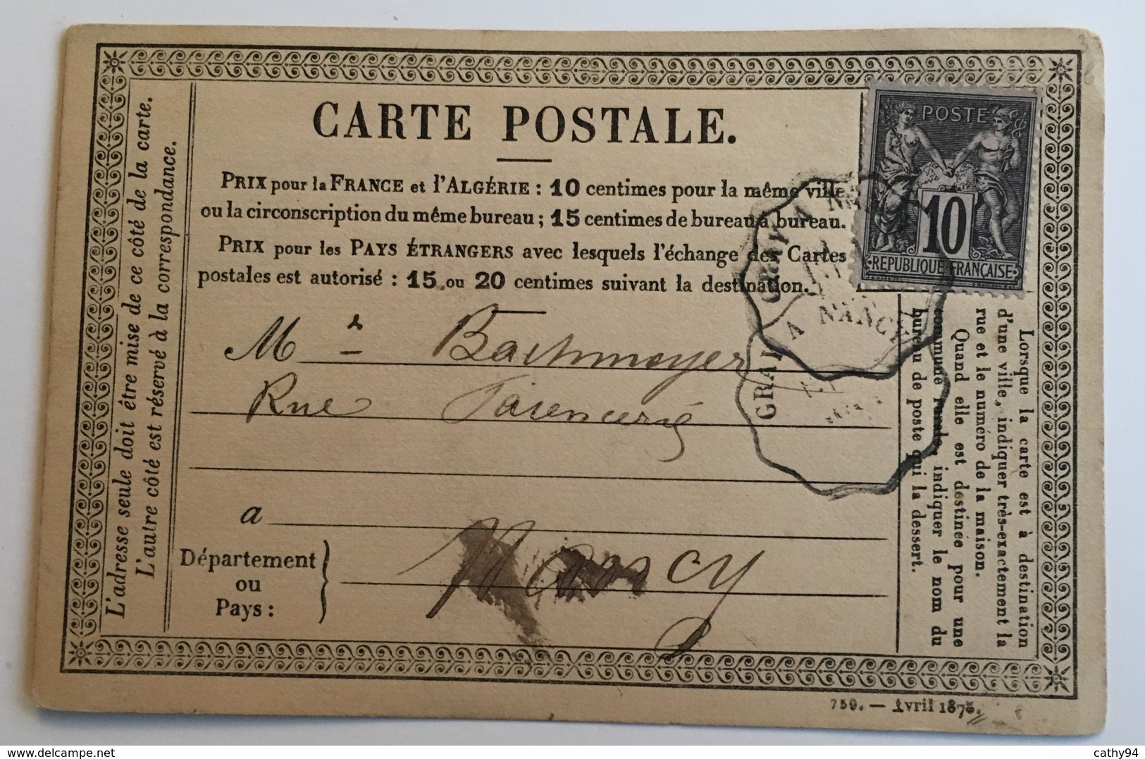 CARTE PRÉCURSEUR POUR NANCY CACHET CONVOYEUR Affranchissement Type Sage Aout 1878 - Precursor Cards