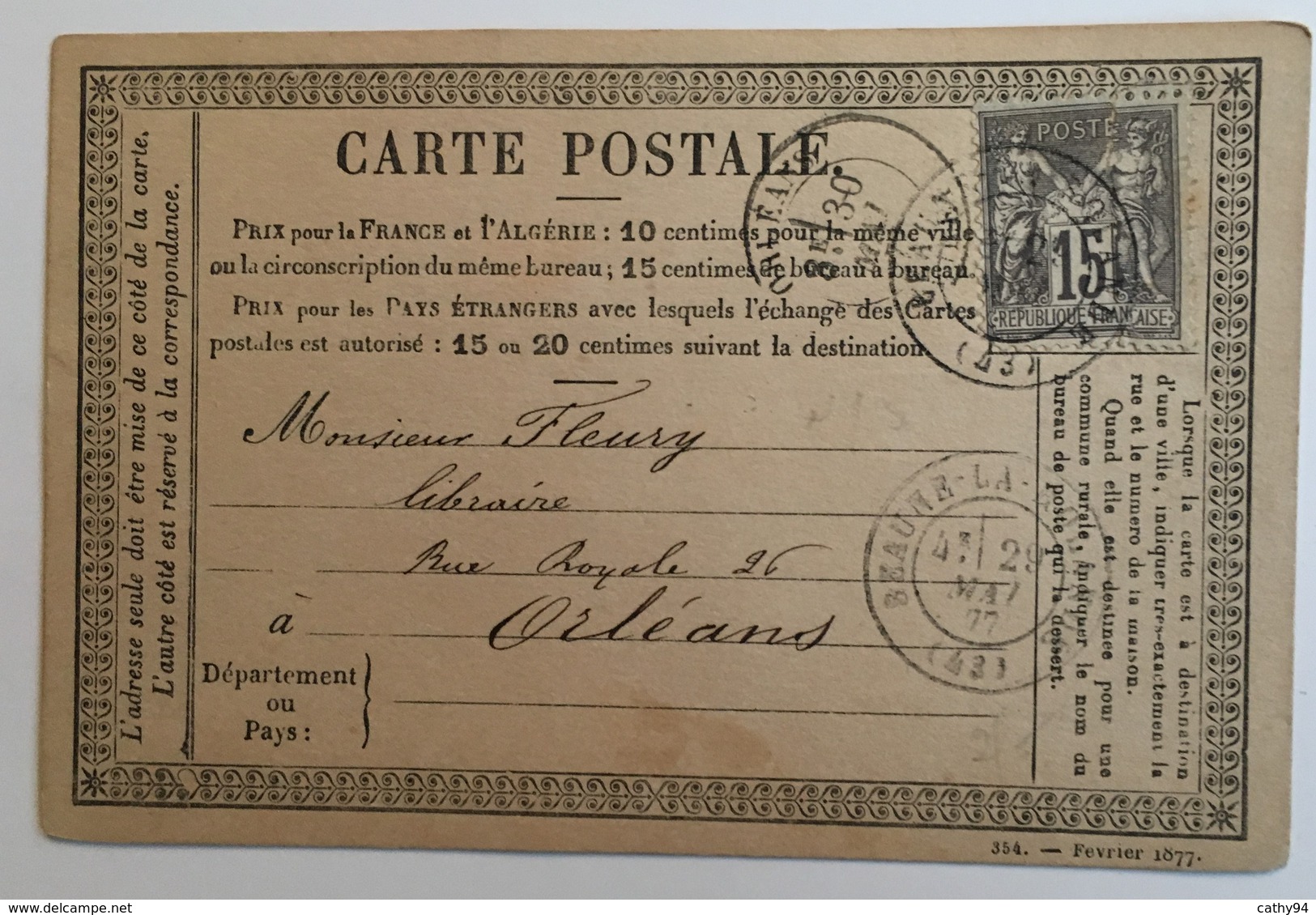 CARTE PRÉCURSEUR POUR Mr Fleury LIBRAIRE A ORLEANS Affranchissement Type Sage Mai 1877 - Precursor Cards