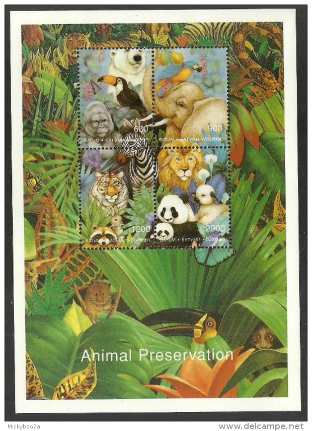 BATUM 1998 BIRDS PARROT TOUCAN WILDLIFE ELEPHANT PANDA TIGER LAMB SHEET MNH - Georgia