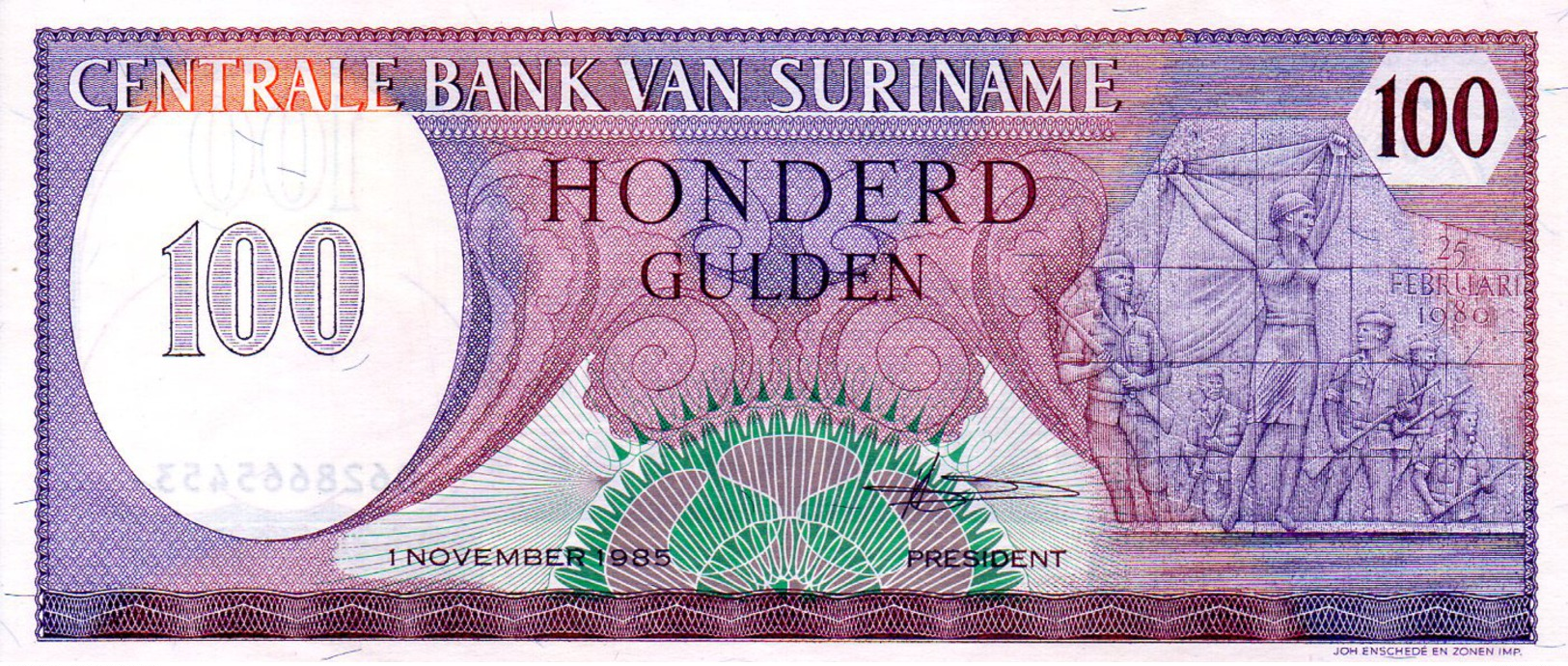 BANCONOTA NUOVA SURINAME DA 100 GULDEN - Suriname