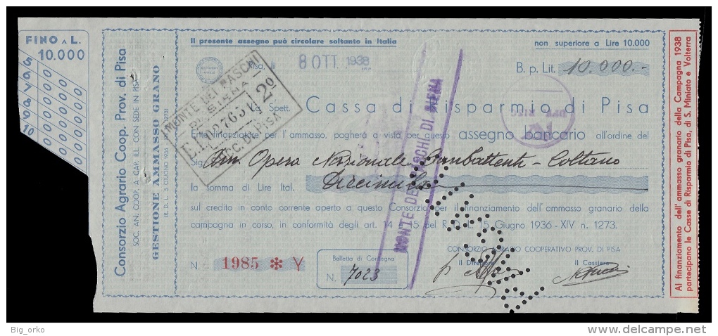 Assegno: Consorzio Agrario Coop. Prov. Pisa (Gestione Ammassi Grano) A Favore: Opera Naz. Combattenti Di Coltano - 1938 - Agricultura