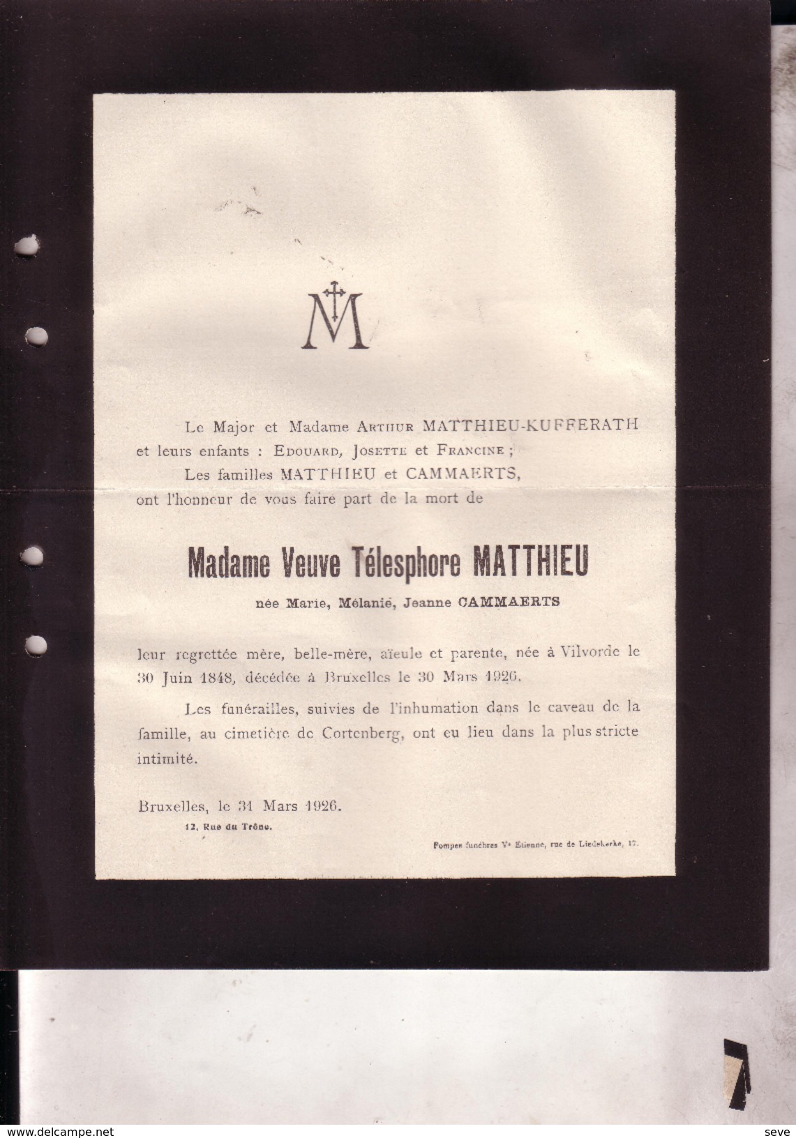 VILVORDE KORTENBERG Marie CAMMAERTS Veuve MATTHIEU 1848-1926 Doodsbrief - Obituary Notices