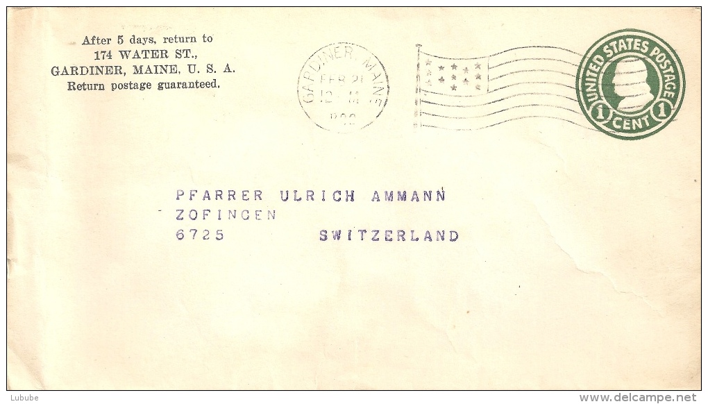 Ausland Brief  Gardiner Maine - Zofingen           1922 - 1921-40