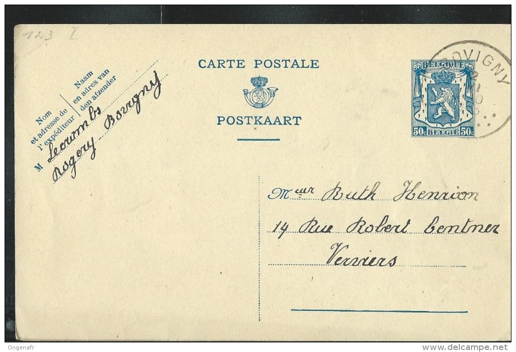 Carte 123 . I. FN   Obl: De Bovigny Le 02/06/1943  Pour Verviers - Cartes Postales 1934-1951