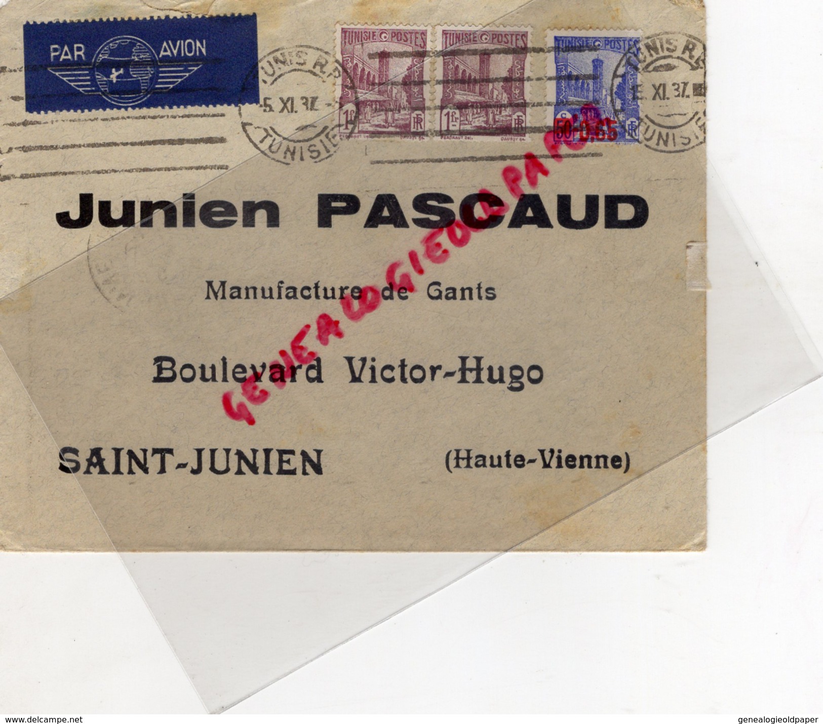 87 -ST SAINT JUNIEN - TUNISIE- TUNIS- ENVELOPPE EMILE CHEMLA A JUNIEN PASCAUD GANTIER GANTERIE-BD VICTOR HUGO-1937 - Tunisie (1956-...)