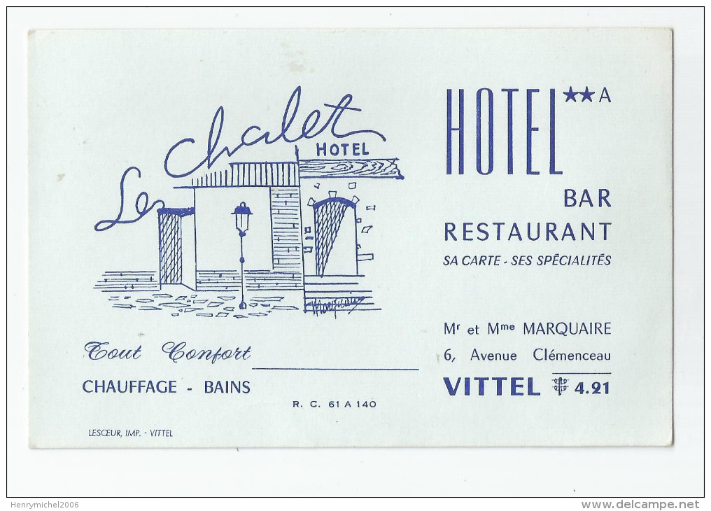 Cdv  Vittel  Vosges 88 - Hotel Bar Restaurant Le Chalet 6 Av Clémenceau - Cartes De Visite