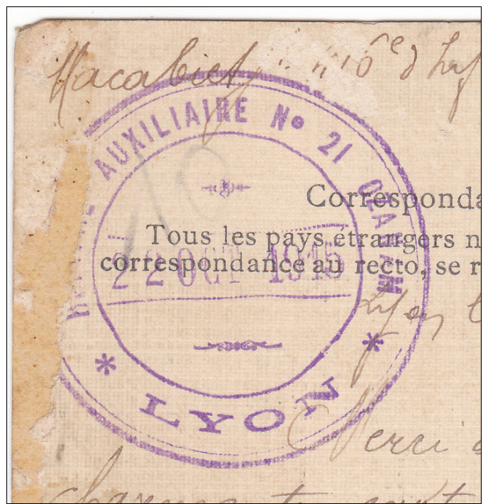 69 Lyon. Carte De 1915, Cachet Violet Hopital Auxiliaire N°21 Ozanam. Bonne Frappe. - Guerre De 1914-18