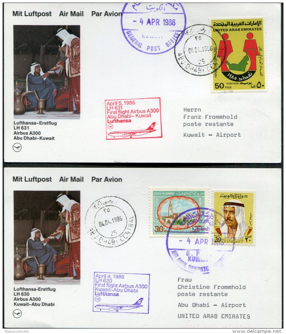 1986 Lufthansa First Flight Postcards(2) Abu Dhabi / Kuwait - Abu Dhabi