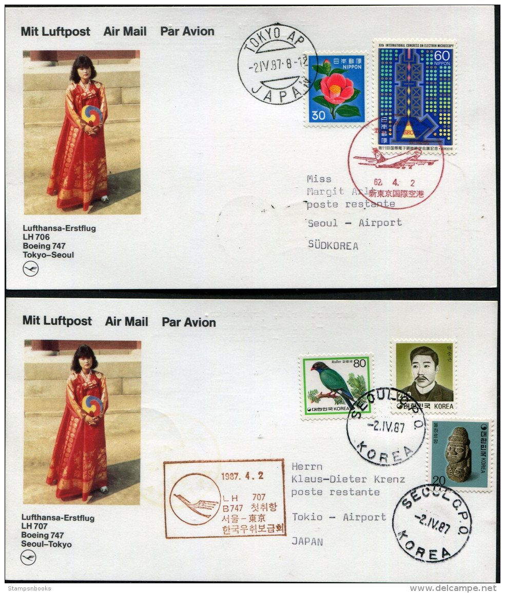 1987 Lufthansa First Flight Postcards(2) Tokyo / Seoul, South Korea - Poste Aérienne