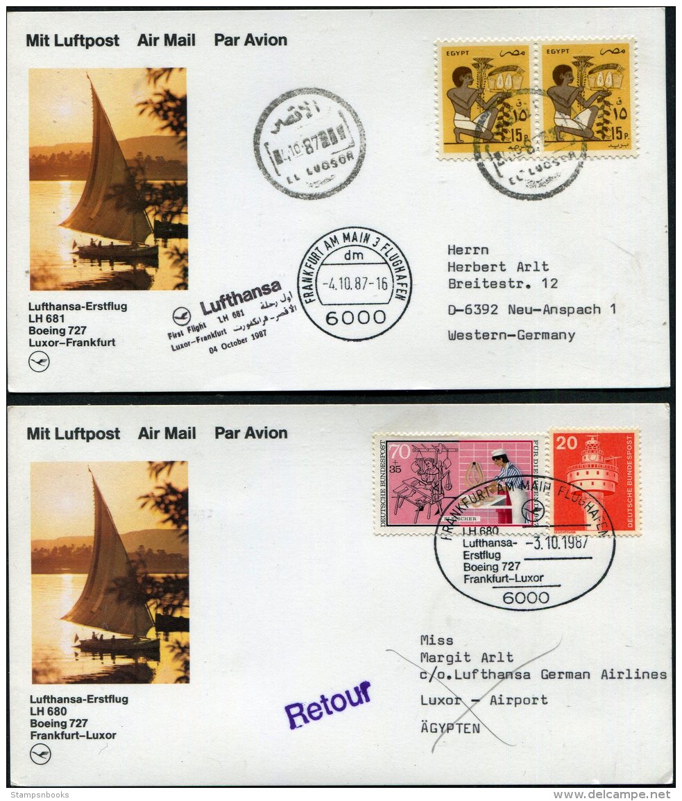 1987 Lufthansa First Flight (2) Luxor Egypt / Frankfurt Germany - Airmail