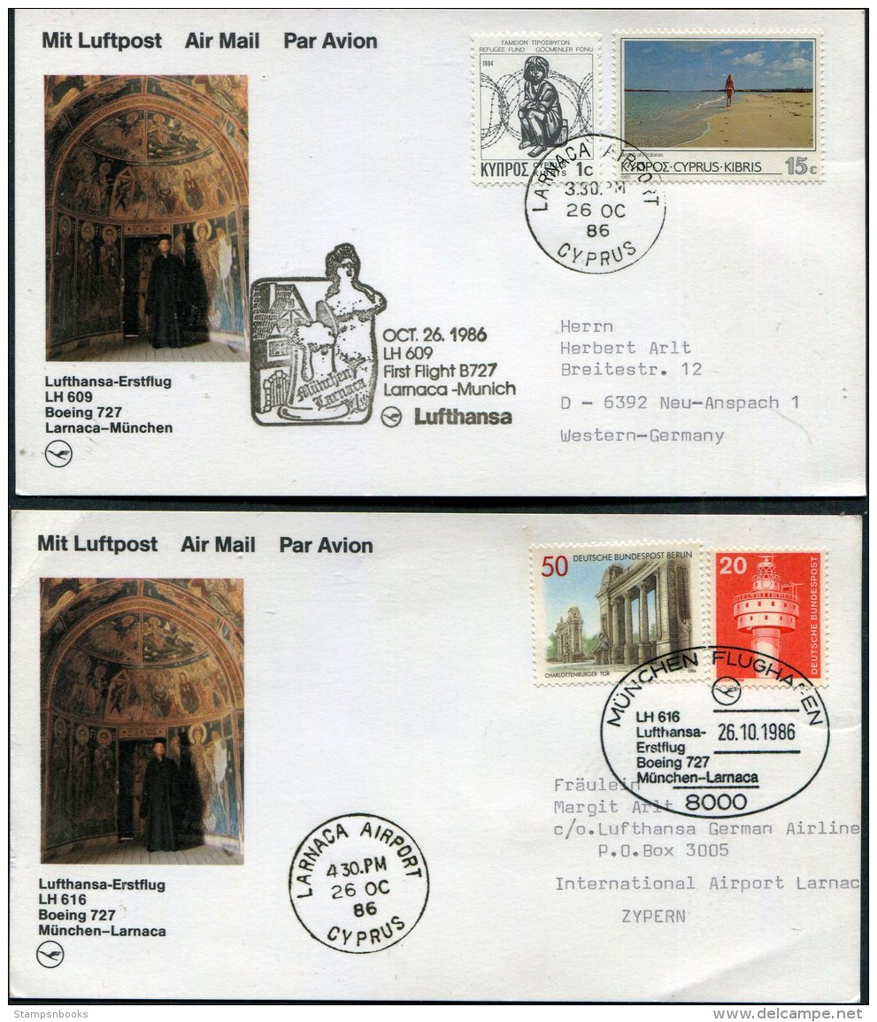 1986 Lufthansa First Flight (2) Larnaca Cyprus / Munich, Germany - Covers & Documents