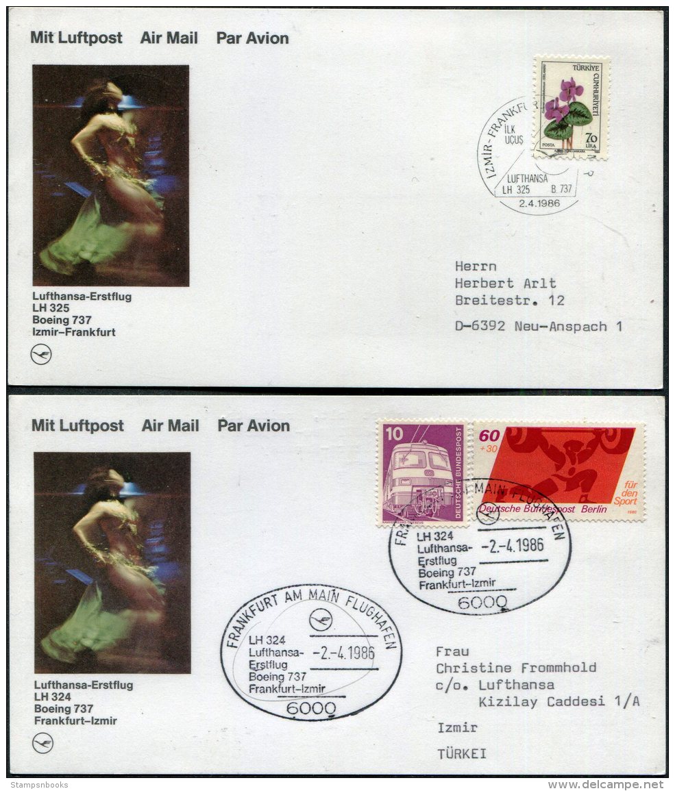 1986 Lufthansa First Flight (2) Izmir Turkey / Frankfurt Germany - Airmail